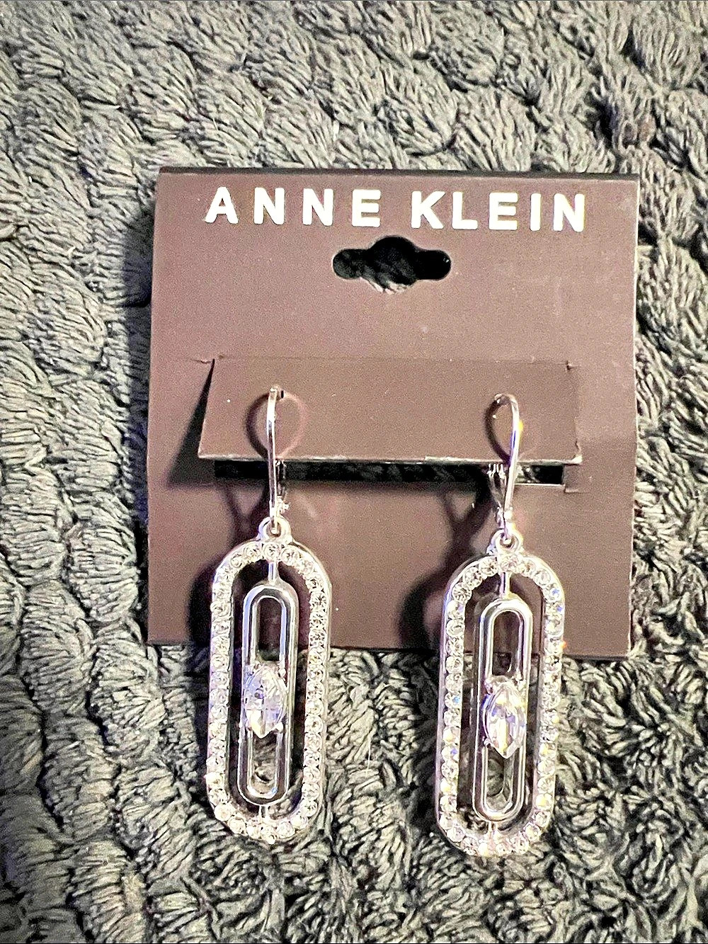 Anne Klein Silver-Tone Pave and Center Stone Link Dangle Earrings Link Dangle